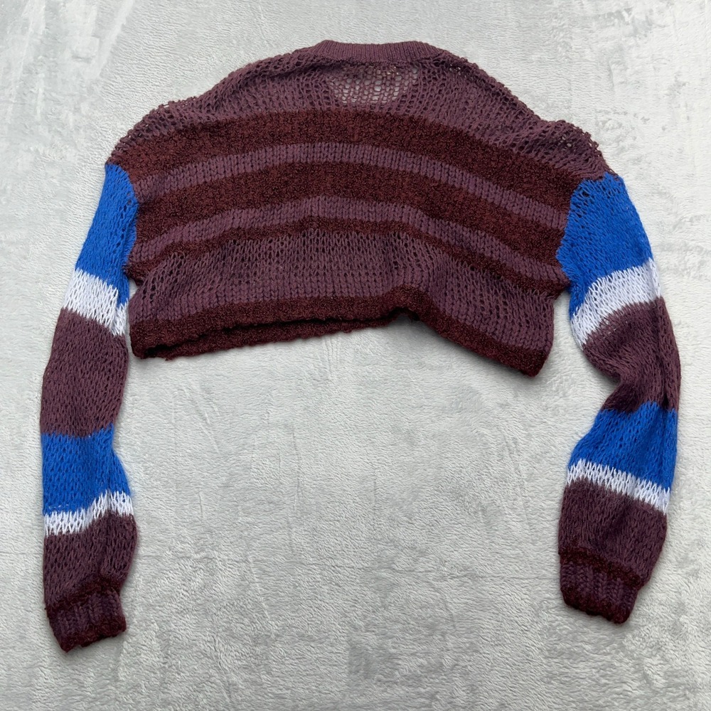 Kimchi Blue Striped Cropped Crochet Knit Sweater Burgundy Blue White Women S - Picture 6 of 7